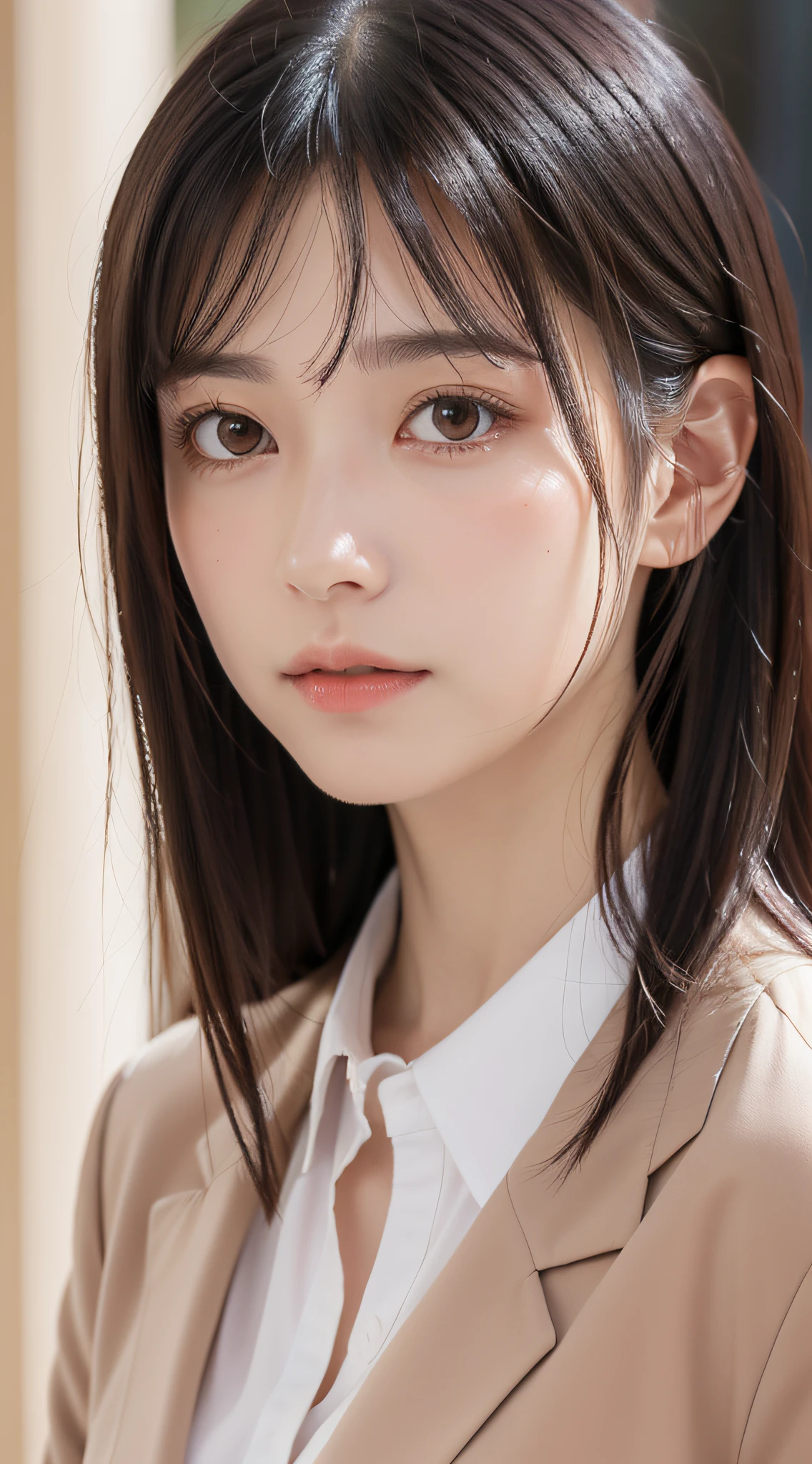 1 adult female, (up of face:1.5), Black hair, Blunt bangs, hair behind ear, hair over shoulder, Long hair, Ultra Fine Face, Thin face, Delicate lips, (beautidful eyes:1.5), thin blush, eyes are light brown,View here, （Hands hide）, formal jackets, a choker ,Port Area ,One-person viewpoint,  8K, masutepiece, nffsw, Super Detail, High quality, Best Quality, hight resolution,