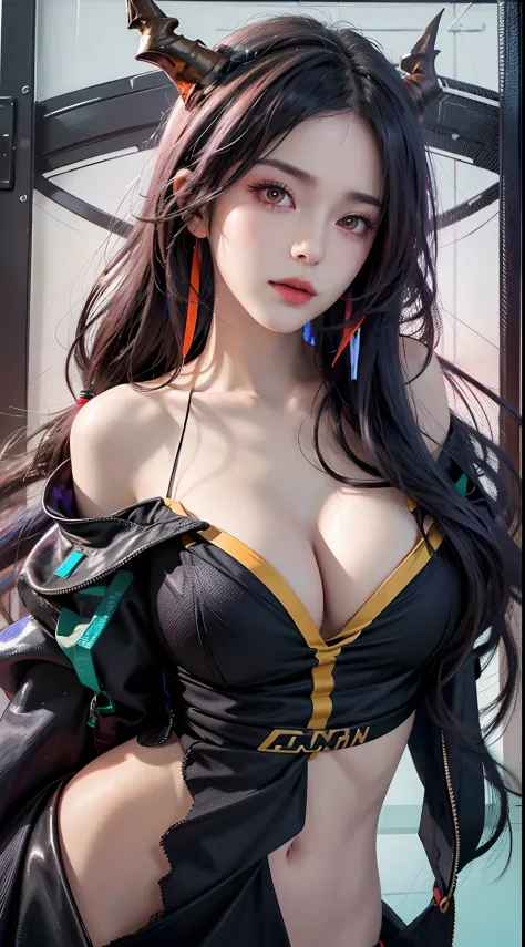 photorealistic, high resolution, soft lights, 1women, solo, hips up, look at viewer, (detailed face), red eyes, long hair, detailed eyes, (origen:1.4), ch'en \(arknights\), black shorts, red eyes, solo, (fashi-girl:1.0), realistic, makeup, office