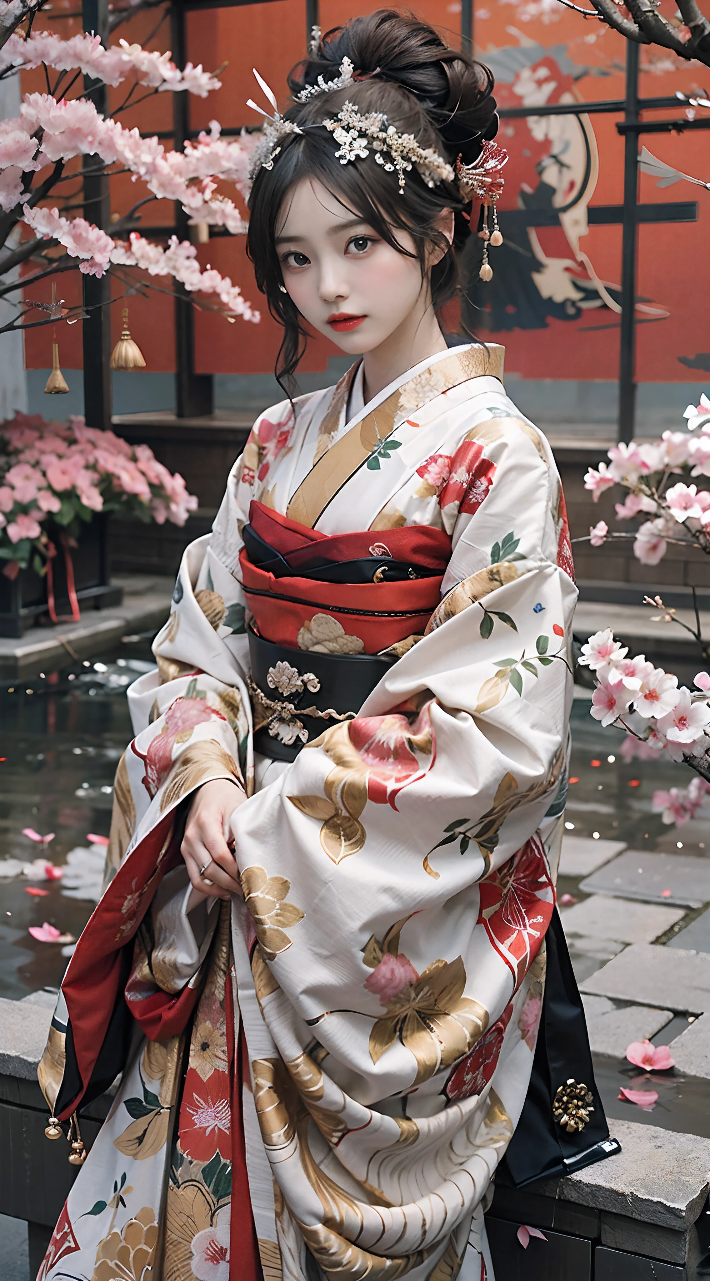 In a futuristic scene, Geisha in Japan with mechanical reinforcement、Elegant in elaborate gardens. She has beautifully detailed eyes and lips that complement her face. Geishas wear traditional kimonos with intricate patterns and designs. Around her are bright cherry trees and a quiet carp pond. The scene is painted with a blend of illustration and photorealism, Ultra-detailed brush strokes and clarity, Vivid colors. Lighting emphasizes the elegant features of the geisha, Gives her porcelain skin a soft glow. Artwork is of the highest quality, 4K or 8K resolution, Showcase the intricate details of geisha attire, cherry trees, And the shimmering scales of carp. The overall color scheme is、It is a combination of traditional shades of Japan, Crimson, etc., blacks, and subtle gold accents, With a futuristic twist. The fusion of ancient traditions and modern technology is、Create captivating and visually striking masterpieces.