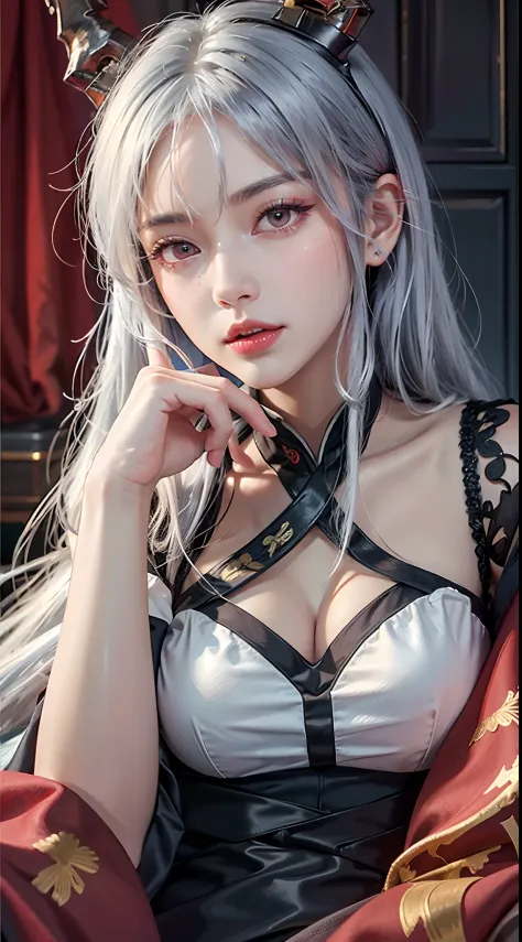photorealistic, high resolution, soft lights, 1women, solo, hips up, look at viewer, (detailed face), red eyes, white hair, long hair, detailed eyes, ch'en \(arknights\), red eyes, solo, chinese dress, red cheongsam, realistic, makeup
