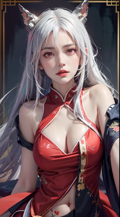 photorealistic, high resolution, soft lights, 1women, solo, hips up, look at viewer, (detailed face), red eyes, white hair, long hair, detailed eyes, ch'en \(arknights\), red eyes, solo, chinese dress, red cheongsam, realistic, makeup