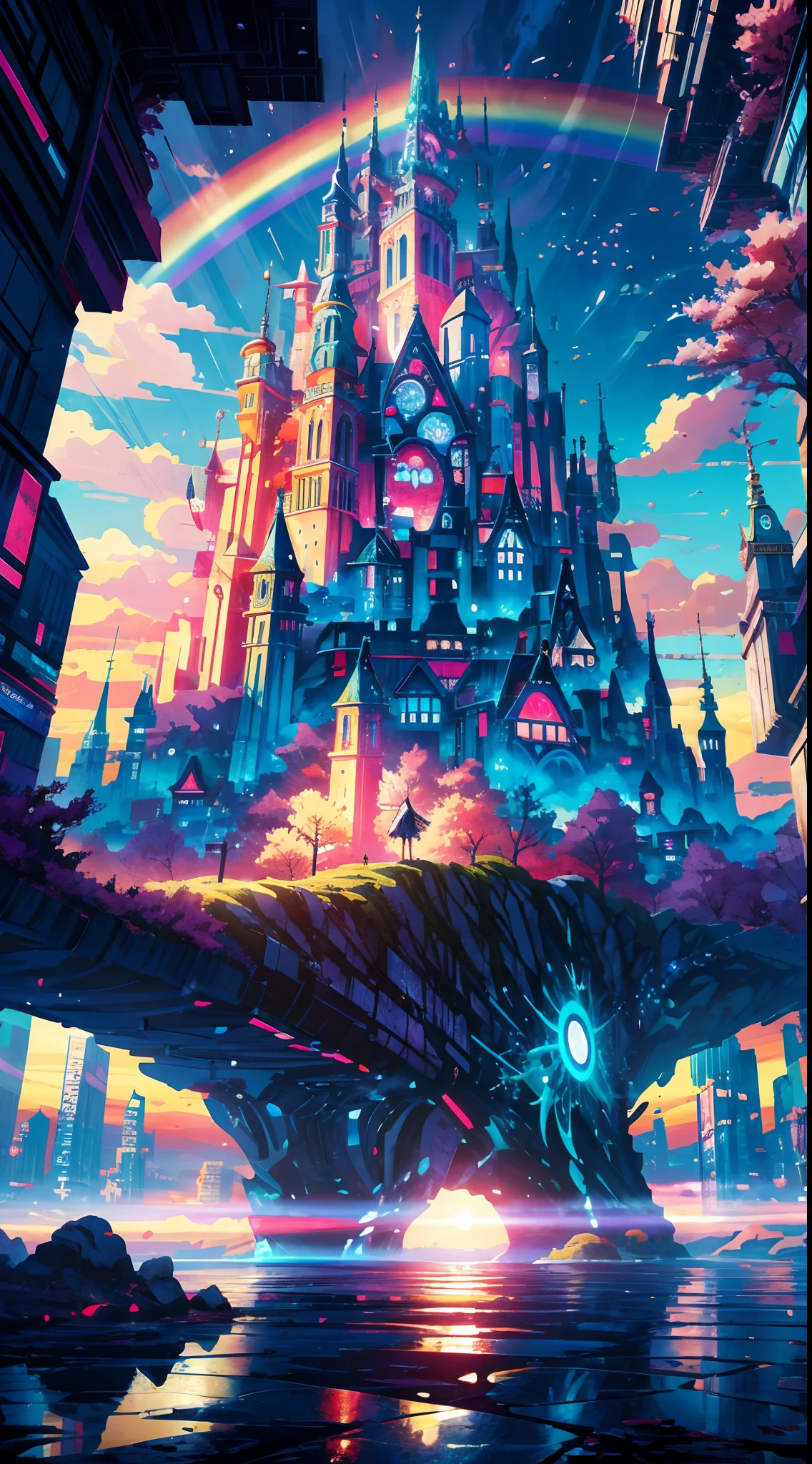 Anime girl debout dans une grande ville regardant le ciel arc-en-ciel,Près de la future ville、 Makoto Shinkai Cyril Rolando, fond d&#39;écran animé 4k, fond d&#39;écran animé 4k, Fond d&#39;écran d&#39;art animé 8K, inspiré par Cyril Rolando, dans le style de l&#39;œuvre d&#39;art de Dan Mumford, fonds d&#39;écran incroyables, par Yuumei，Château géant en mouvement
