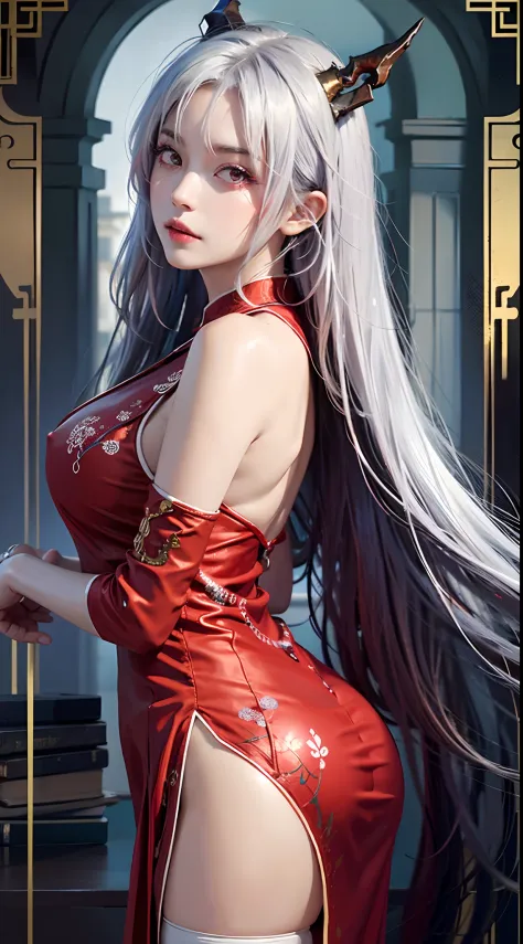 photorealistic, high resolution, soft lights, 1women, solo, hips up, look at viewer, (detailed face), red eyes, white hair, long hair, detailed eyes, ch'en \(arknights\), red eyes, solo, chinese dress, red cheongsam, realistic, makeup, back view