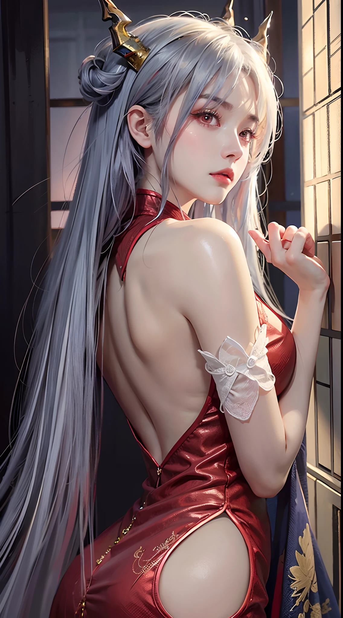 photorealistic, high resolution, soft lights, 1women, solo, hips up, look at viewer, (detailed face), red eyes, white hair, long hair, detailed eyes, ch'en \(arknights\), red eyes, solo, chinese dress, red cheongsam, realistic, makeup, back view