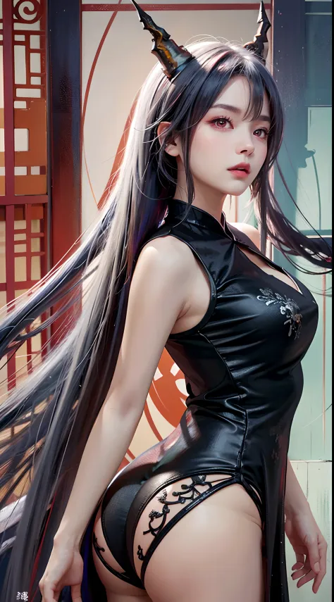 photorealistic, high resolution, soft lights, 1women, solo, hips up, look at viewer, (detailed face), red eyes, white hair, long hair, detailed eyes, ch'en \(arknights\), red eyes, solo, chinese dress, red cheongsam, realistic, makeup, back view
