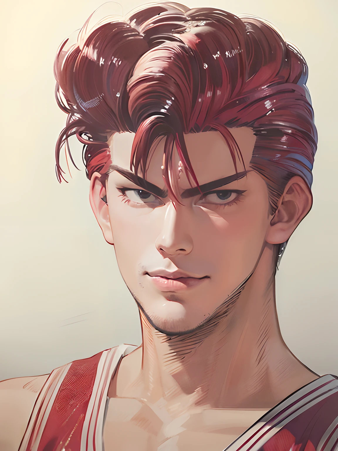 (High quality, realistic, vibrant colors, professional:1.2),Hanamichi Sakuragi, red hair, red basketball unifom, hyperrealistic detailed