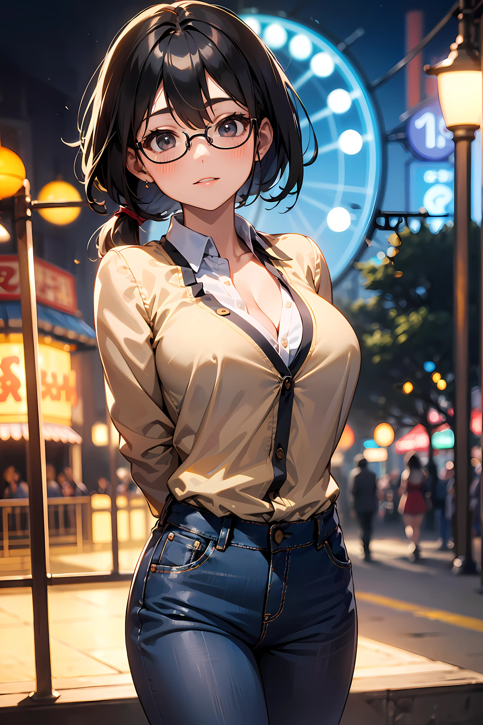 high resolution, Photo of a beautiful woman detailed_face, young handsome girl,realistic:0.5, perfect skin, (wearing a glasses:1.5), (ultra-detailed background, detailed background), bokeh, make happy expressions, happy emotion, gorgeous,pure, beautyfull detailed face and eyes,breasts, (black eyes:1.1), (a extremely pretty and beautiful Japanese woman), (sexy girl), (professional attire:1.3), (22 years old: 1.1), BREAK, (lovely outfit:1.2), (detailed blue collared shirt:1.2), (skinny denim pants:1.2), (leather boots))), cleavage, beautiful detailed skin, (cute:1.2), (black hair), ((jpop idol)), (upper thigh:0.6), (depth of field),soft light, Lens Glow looking at viewer, (Drooping eyes:1.2), straight teeth,smile, floating hair, (black hair:1.2), brown eyes BREAK movie scene, cinematic, full colors, 4k, 8k, 16k, RAW photo, masterpiece, professionally color graded, professional photography, high school girl, hair up, , soft clean focus, realistic lighting and shading, (an extremely delicate and beautiful art)1.3, elegant,active angle,dynamism pose BREAK (ponytail:1.3), (shiny-black thin hair:1.2), bangs, dark brown eyes, beautiful eyes, princess eyes, (big eyes:1.3), bangs, wearing a glasses:1.3, Hair between eyes, short hair:1.3, (slender:1.1), (medium-breasts:0.95), (thin waist: 1.15), (detailed beautiful girl: 1.4), Parted lips, Red lips, full-make-up face, (shiny skin), ((Perfect Female Body)), (upper body image:1.3), Perfect Anatomy, Perfect Proportions, (most beautiful Korean actress face:1.3, extremely cute and beautiful Japanese actress face:1.3), ,(1glasses girl:1.3, solo), ,(blush:1.1), gray background, solo focus, (bust shot:1.2), cinematic light, (nostalgic night scene:1.4), (amusement park:1.4), (merry-go-round、the Ferris wheel、rollercoaster), (arms behind back :1.4), (looking at viewer:1.2