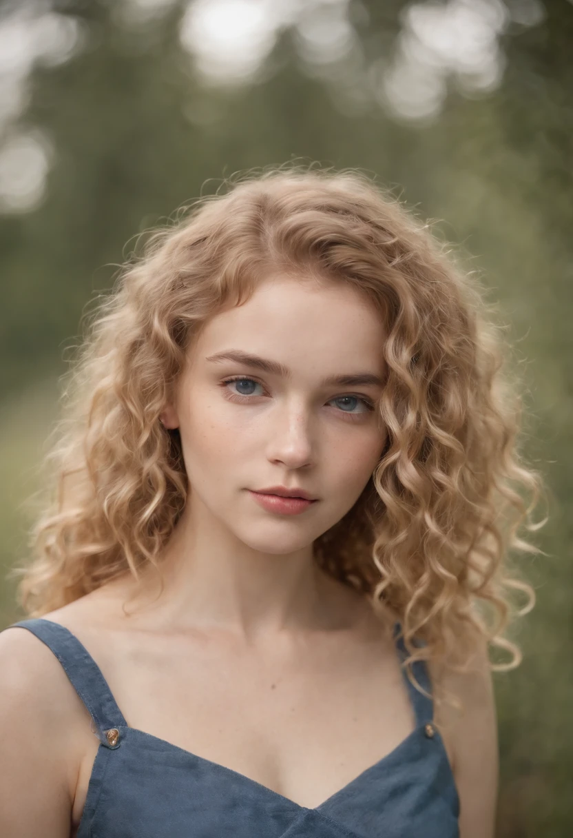 "Full body portrait of a charming 18 year old women with curly hay coloured hair, a late 80s look, small freckles,  figure, beautiful face, captivating dark blue eyes, and modest bust size, showcasing her natural beauty."