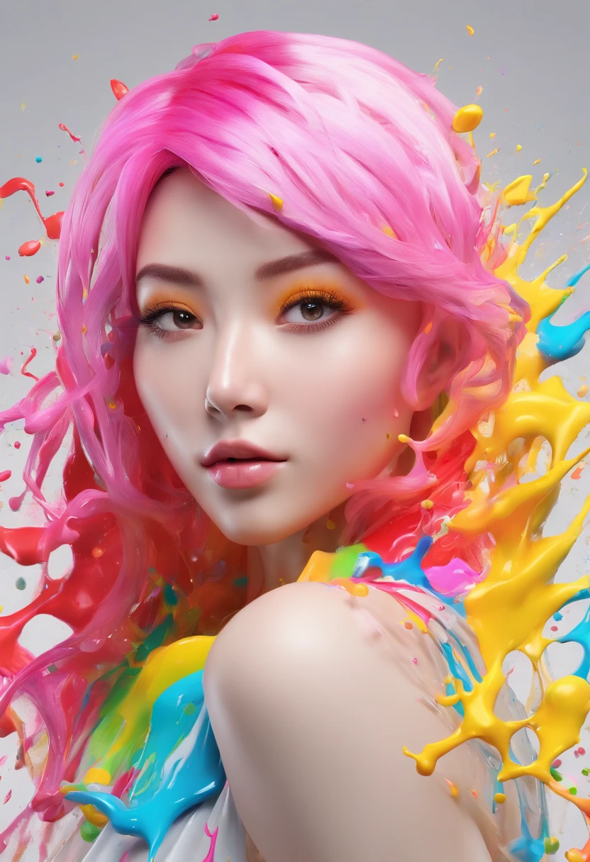 (Masterpiece, Best Quality, High Resolution), White Background, ((Paint Splash, Color Splash, Splash of Ink, Color Splash)), Sweet Chinese Girl, Rainbow Hair, Pink Lips, Front, Upper Body