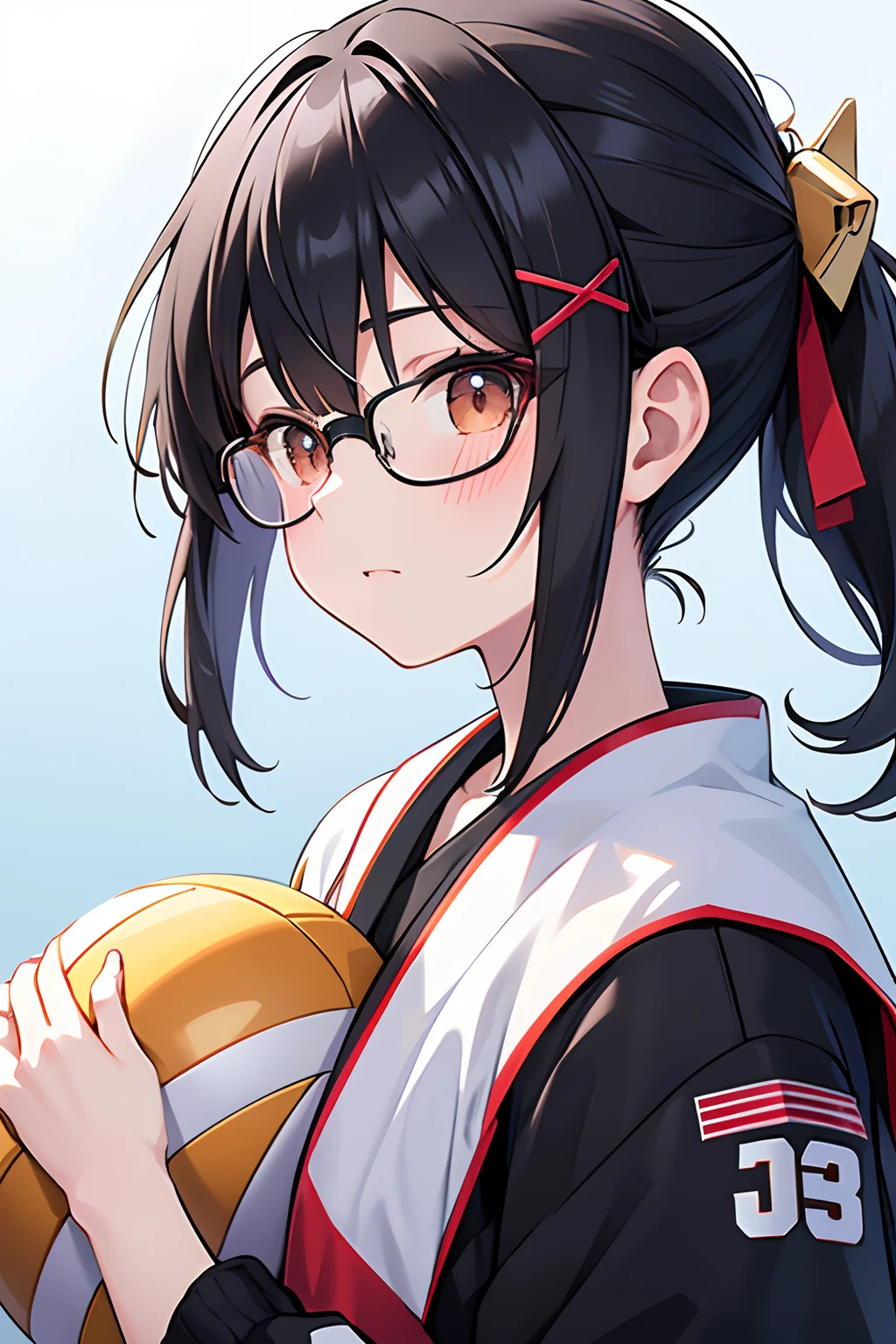 Black hair, hair behind ear, Floating hair, Shiny hair, nihongami, Lonely nape hair, X Hair Ornament, rimless eyewear, awardwinning、Volleyball players, girl with, 4K, Textured skin, Super Detail