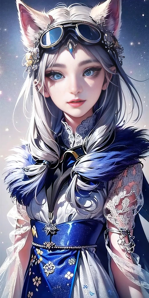 (Top resolution, Distinct_image) Best Quality, Women's masterpieces, Highly detailed, 1womanl，solo person，Half realistic, (Systemic), Silver hair, Bangs, 18 years old, Short Grey Silver Lace Skirt, (((Perfect face:1))), Sharp face, v-line jaw, (Big almond eyes), (Bright blue eyes), (((a serene smile:)), (Exquisite facial features, Exquisite facial features), adolable, ((Grey Color Dolce)), Silvery little cat ears, (((hair that completely obscures the ears,,))), (((Wearing goggles with blue lenses))), (Black scarf with blue floral pattern and intricate design), Big galaxy in the background,