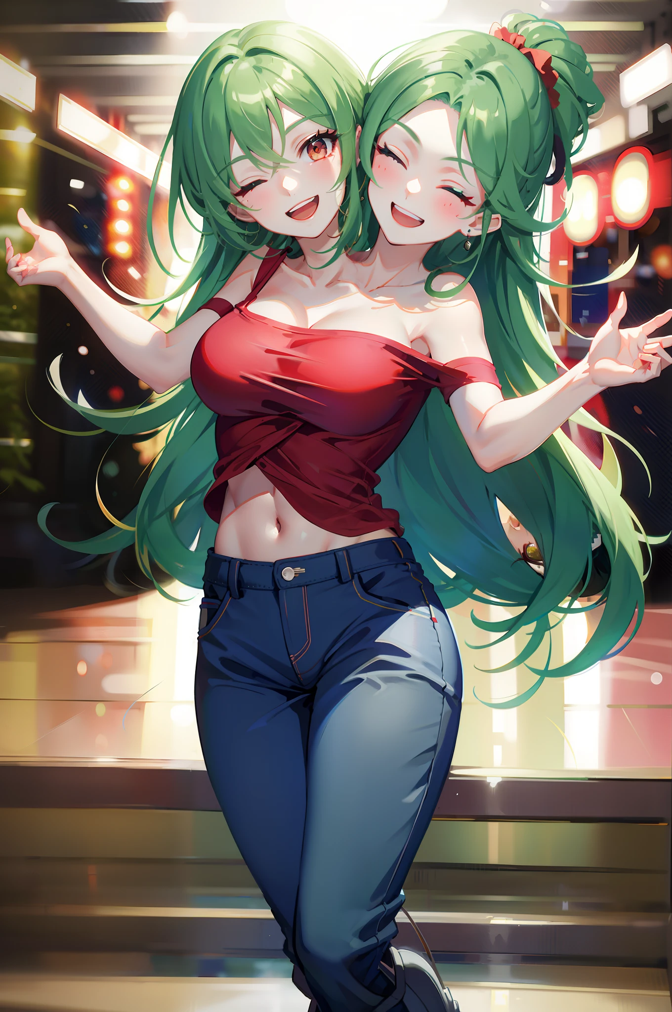 (masterpiece, best quality), best resolution, (2heads:1.5), 1girl, green hair, brown eyes, different facial expressions, smiling, one eye open, one eye closed, open mouth, closed mouth, happy, energetic, red shirt, blue pants, sneakers, dancing, frenetic dancing pose, nightclub