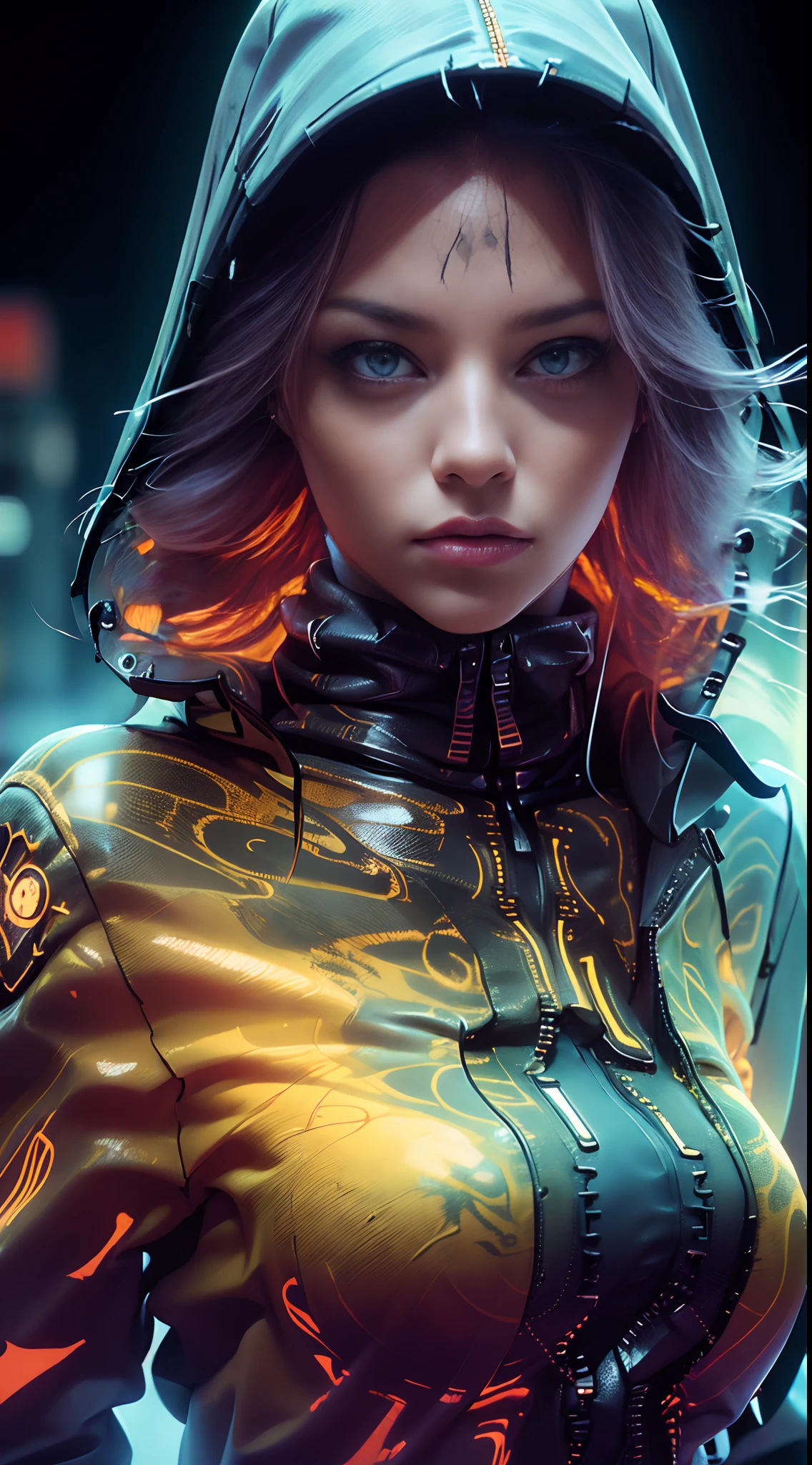 unreal engine:1.4,UHD,The best quality:1.4, photorealistic:1.4, skin texture:1.4, Masterpiece:1.8, 18 year old female, Red mesh hair on black hair, long hair, straight hair,  , Comic appearance，(Apocalyptic City of Fire),(Cyberpunk:1.4),(The best quality,4k,High resolution), 18 year old female, Red highlights in black hair, long hair, straight hair, Transforming woman,one，cold eyes ,sharp eye，distressed look，bright red eyes，Improved facial expression，，Change the appearance of a transformation，beast，Bestialification，evil fight，Buttle，Delicate illustrations drawn in detail，Torn clothes with decoration，disheveled clothes，Realistic depiction，vibrant colors，expressive，Classic background