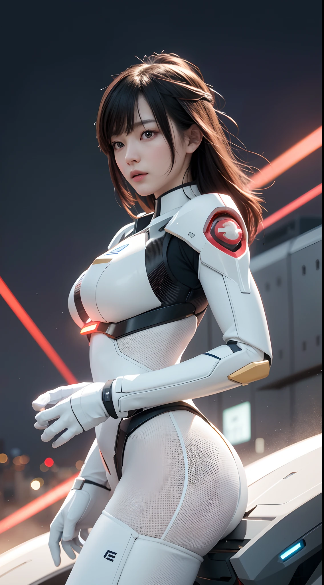 Gundam Mech , Feminine body line，Light equipment，Delicate structure，Science fiction, Front view, Sense of technology, C4D, OC Renderer, Unreal Engine, high detailing, industrial design, 8K HD, studio lights,Futuristic city night view background(Best Quality,4K,High resolution),Image Color: METALIC RED，White and yellow lines，Cat-motif design，Sharp rounded body lines，The structure of the female body，Patlabor