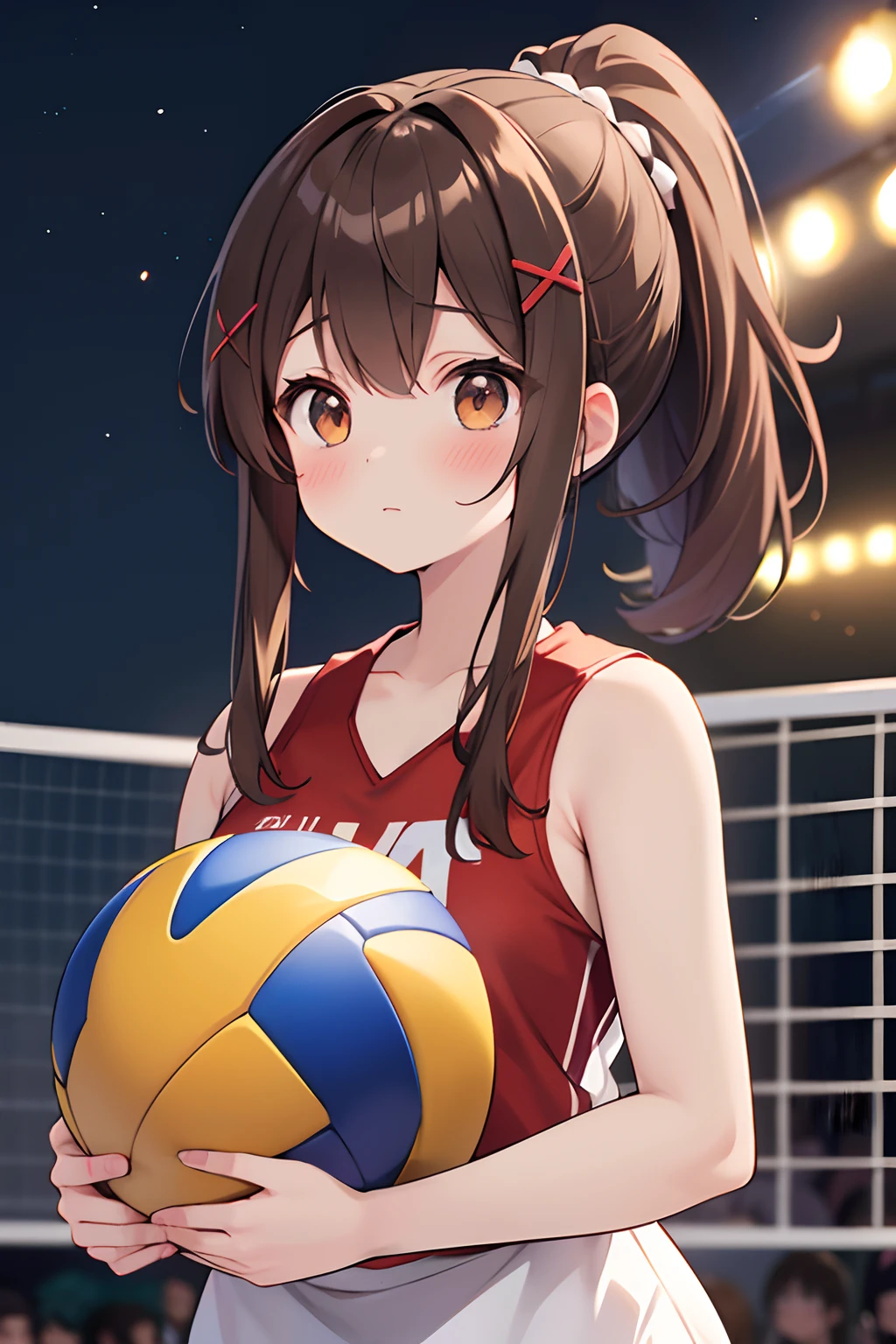 Floating hair, Brown hair, Light blush, Volleyball, During the match, X Hair Ornament, Gymnasium, Night, Short ponytail, Lonely nape hair, Anime, Anime style, 4K, Textured skin, Super Detail, Best Quality, awardwinning