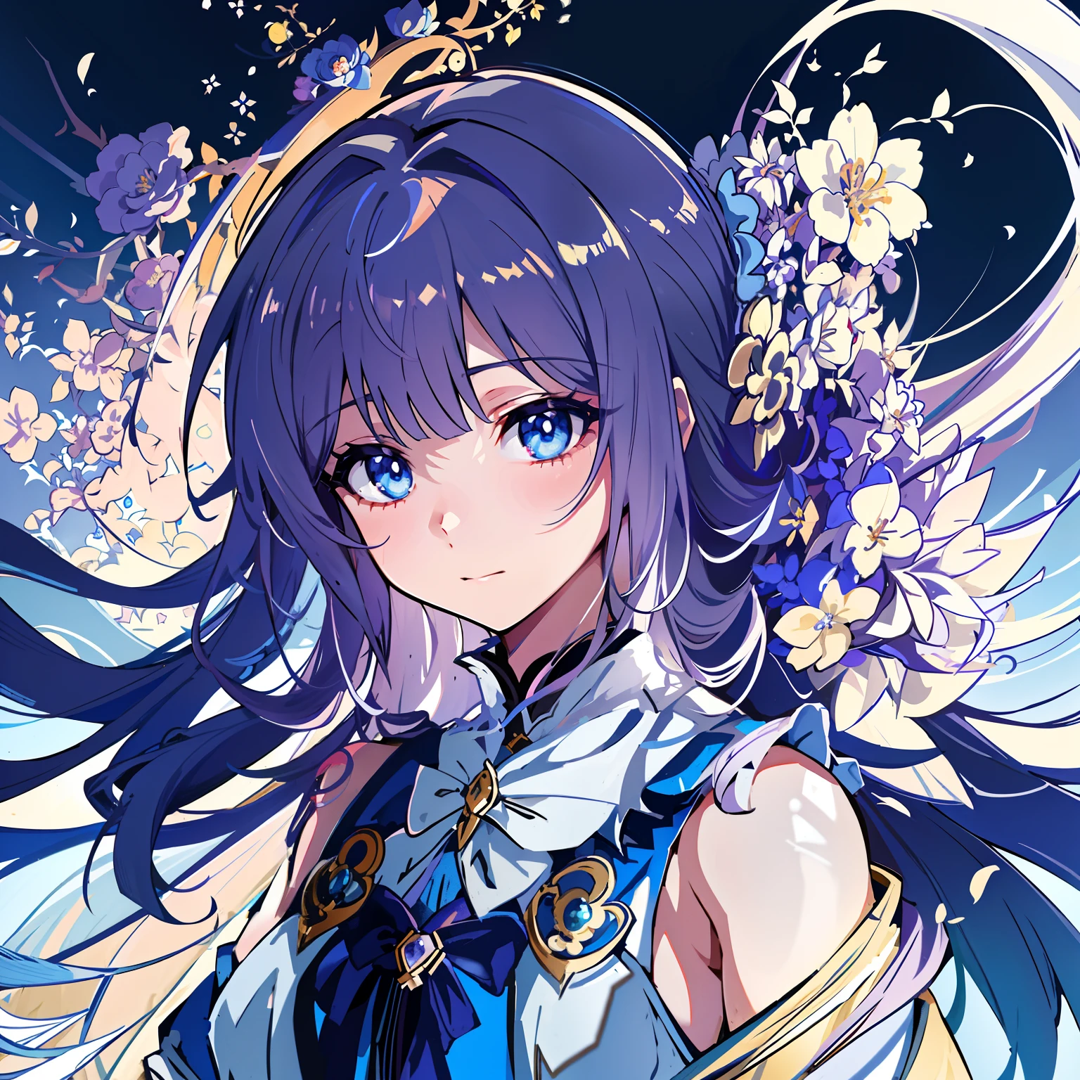 Anime girl with blue eyes and long hair in a blue dress, anime moe art style, Portrait Chevaliers du Zodiaque Fille, Ayaka Genshin impact, Detailed digital anime art, high detailed official artwork, Official artwork, ”beautiful anime woman, Anime art wallpaper 8 K, Anime art wallpaper 4k, Anime art wallpaper 4 K, a beautiful anime portrait, Beautiful celestial mage