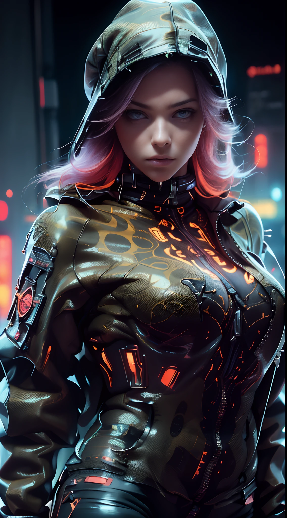 unreal engine:1.4,UHD,The best quality:1.4, photorealistic:1.4, skin texture:1.4, Masterpiece:1.8, 18 year old female, Red mesh hair on black hair, long hair, straight hair,  , Comic appearance，(Apocalyptic City of Fire),(Cyberpunk:1.4),(The best quality,4k,High resolution), Red highlights in black hair, long hair, straight hair, Transforming woman,one，cold eyes ,sharp eye，distressed look，bright red eyes，Improved facial expression，，Change the appearance of a transformation，beast，Bestialification，evil fight，Buttle，Delicate illustrations drawn in detail，Torn clothes with decoration，disheveled clothes，Realistic depiction，vibrant colors，expressive，Classic background