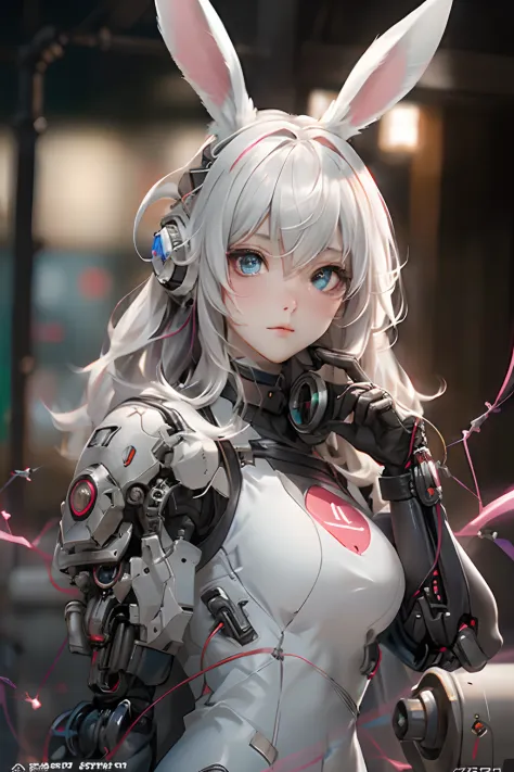 ((beste-Qualit)),Fille cyborg dans le style cyborg，cheveux gris，Coiffure longue queue de cheval，Wear headphones in the shape of ...