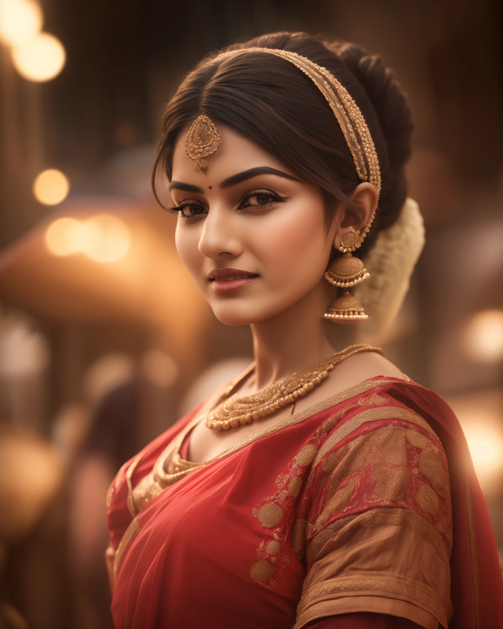 (Frontview:1.5),(longshot:1.5),24-28 Years Old bollywood indian female fashion mode,bob hair style,brown skin,dressed Sari,Happy expression on face,at the night market,backlight, extremely realistic, 8k, insane details, intricate details, cinematic color graded,Color Grading, Editorial Photography, Photography,sharp focus, taken with a 60mm lens, ISO 300, f/4, 1/200th