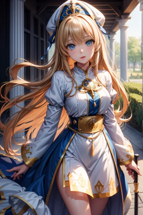 white backgrounid、Intricately detailed,[3D images:1.35] priestess, blondehair, Blue eyes、Kawaii Girl, full-body view、Realistic p...