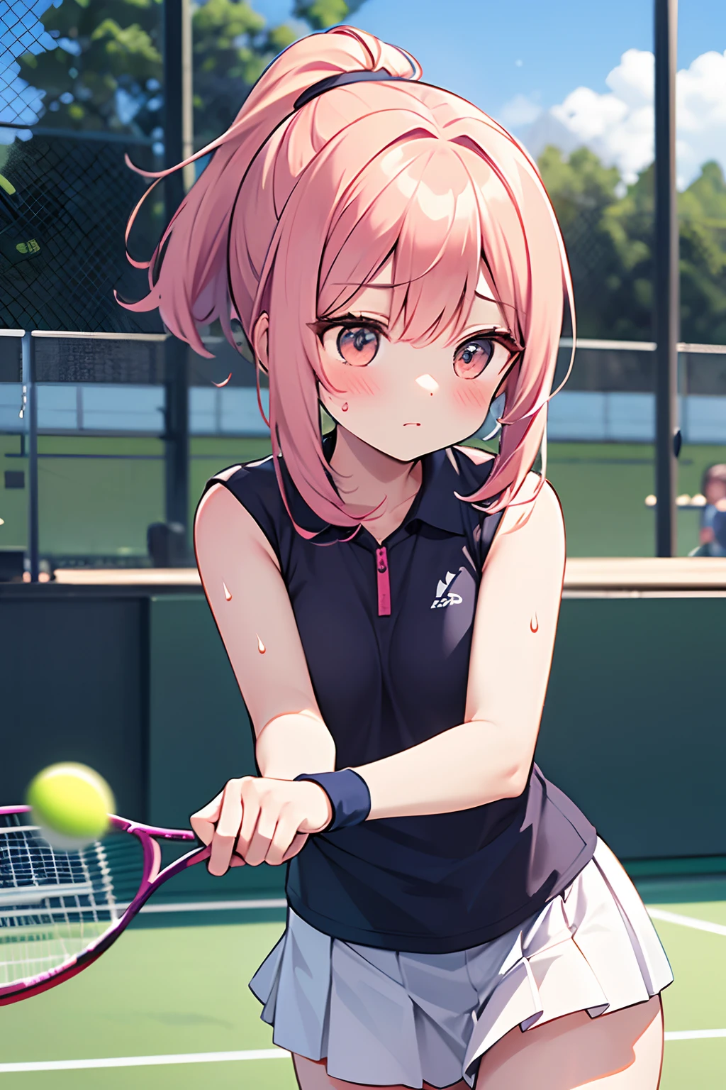 floating hair, light blush, during a match, ping-pong, sweat, half updo, indoors, crescent moon, folded ponytail, hit the ball back, Hold the racket and hit the ball back., tennis, outdoors, low twintails, project a wide area, tennis court, anime, anime style, 4K, textured skin, super detail, best quality, award winning