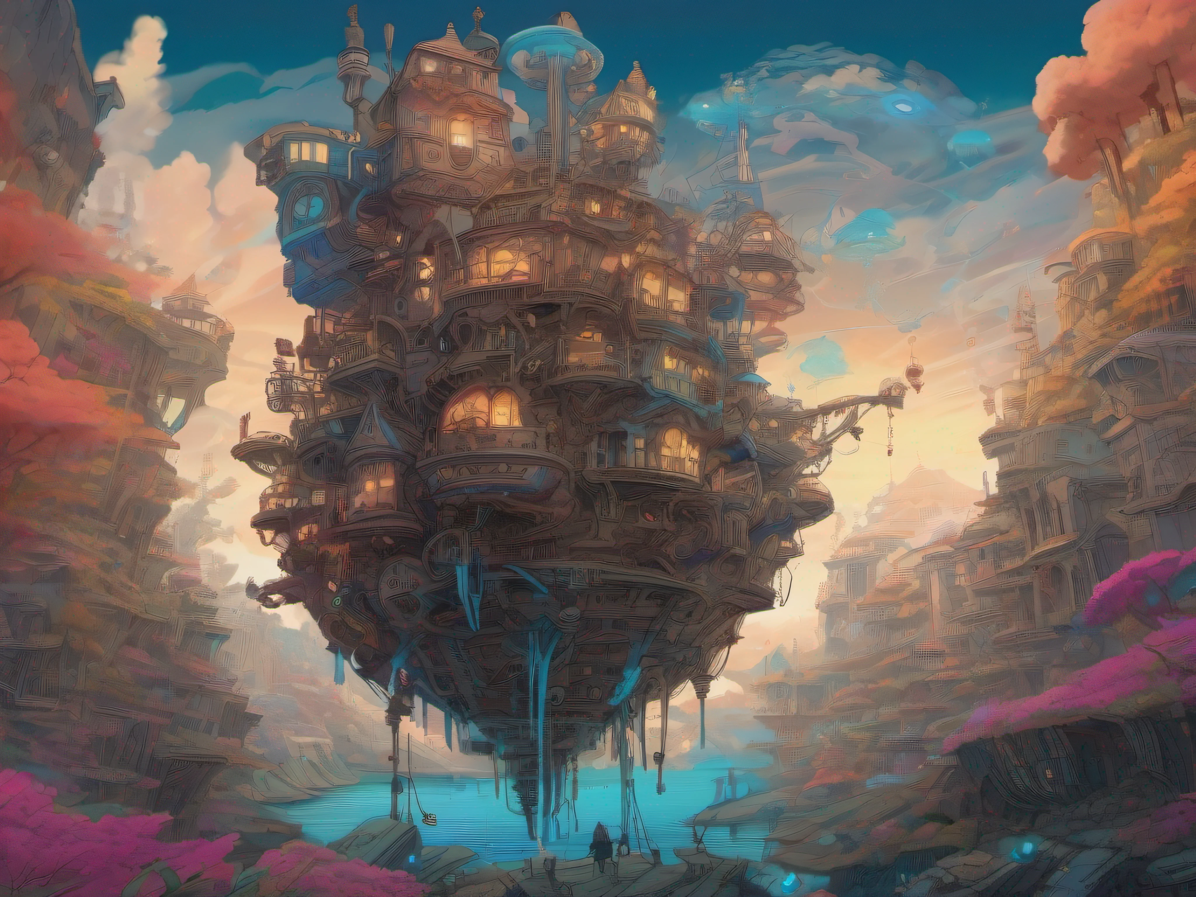 biomechanical moving castle creature, inspired by Miyazaki's "Howl's Moving Castle", with intricate clockwork mechanisms, glowing crystal structures, and floating platforms, surrounded by a vibrant, fantastical landscape.