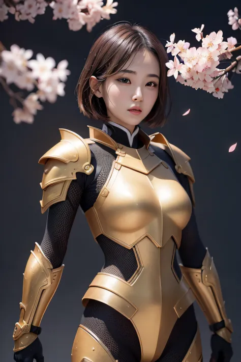 beautiful japanese young woman, wearing ninja armor made of honey, thick symmetrical features, very short hair, background is ch...