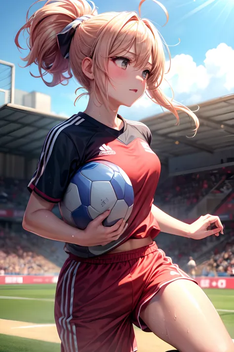 floating hair, light blush, during a match, sweat, half updo, folded ponytail, outdoors, project a wide area, soccer, kick a bal...