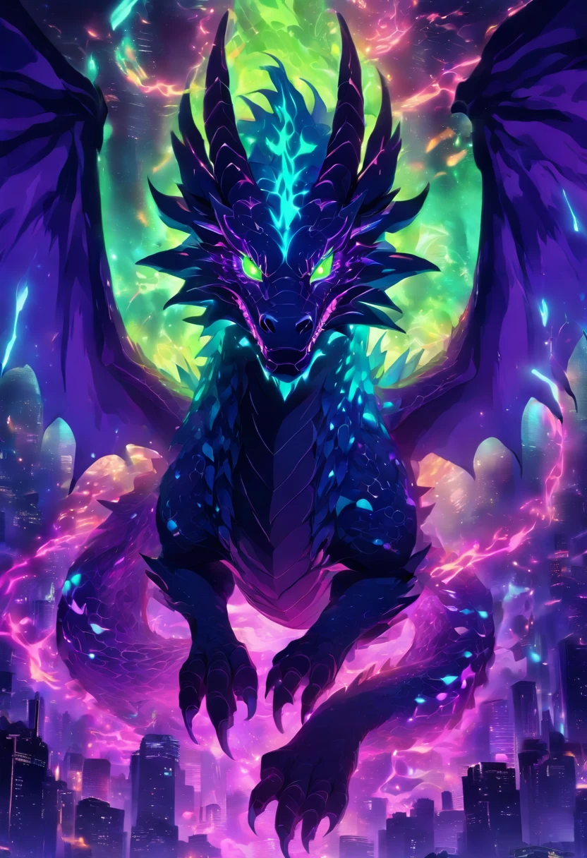 dragon, zombie, necrotic scales, black, purple, neon green, ominous glow, glowing, ghostly fire-colored eyes, wings with patterns reminiscent of interlocking computer codes, bone fragments protruding from wings, eerie aura, glowing runes like lines of programming, sharp claws, spectral hue, ethereal radiance, mythological creature,dragon ear