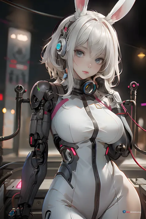 ((beste-Qualit)),Fille cyborg dans le style cyborg，cheveux gris，Coiffure longue queue de cheval，Wear headphones in the shape of ...