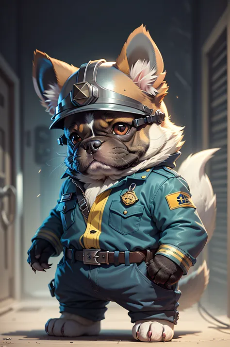 C4tt4stic, Cartoon French bulldog dog in American firefighter uniform and helmet（Body hair is black、The specifics of the appeara...