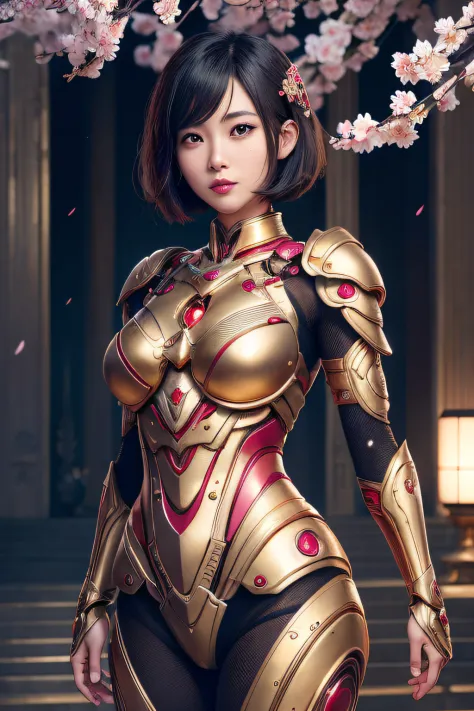 beautiful japanese young woman, wearing cyborg armor made of gold, thick symmetrical features, very short hair, background is ch...