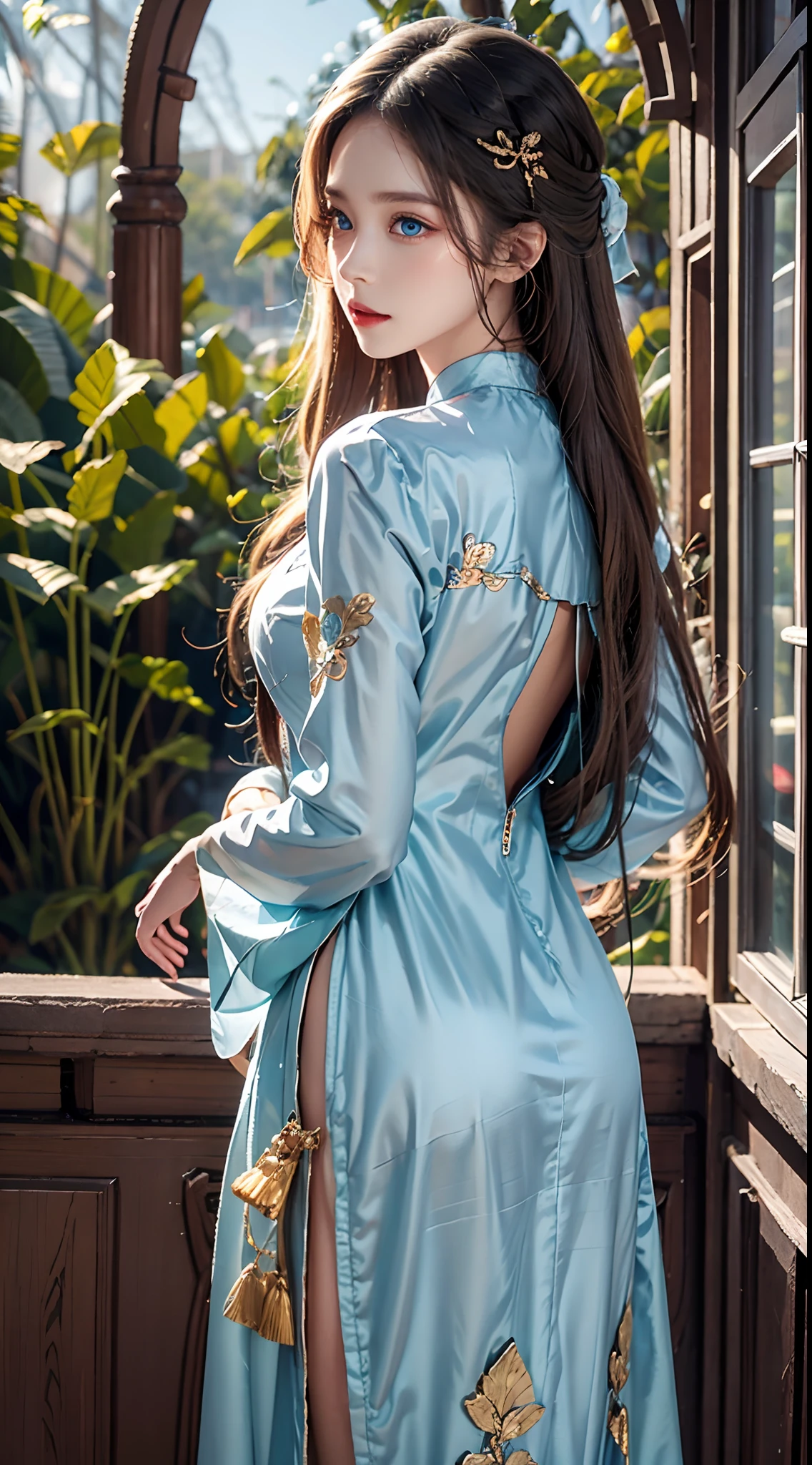 photorealistic, high resolution, soft lights, 1women, solo, hips up, (blue eyes, long hair), vietnamese traditional, red aodai, back view