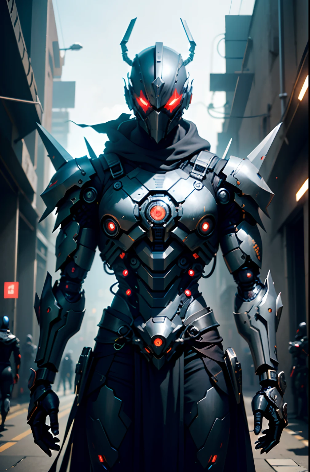 Dark_Fantasy、Wearing a metal mask、cyberpunked、(Double Sword、Scorpion Cyborg Man、Das Veilchen:1.1)、1man、Mechanical technology、Robot Presence、Ninja-like fighting stance、Cybernetic Guardian、