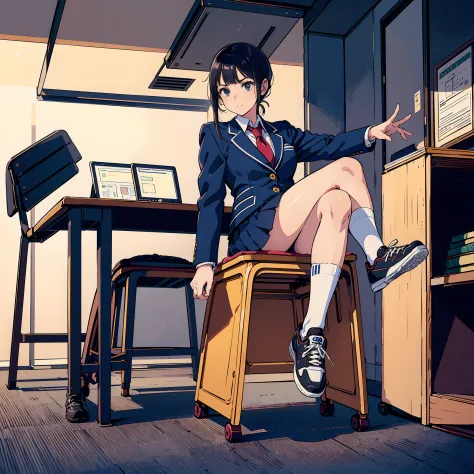 Japanese School, crass room, desk work, Chair, Beautiful High School Girl, Blazer, tie, high socks, sneakers, Nike Air Force 1 s...