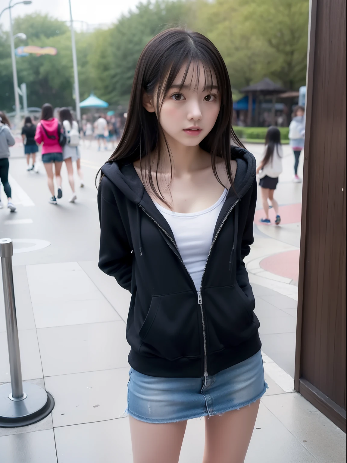 Araffe asian woman in a black jacket and denim skirt posing for a picture -  SeaArt AI