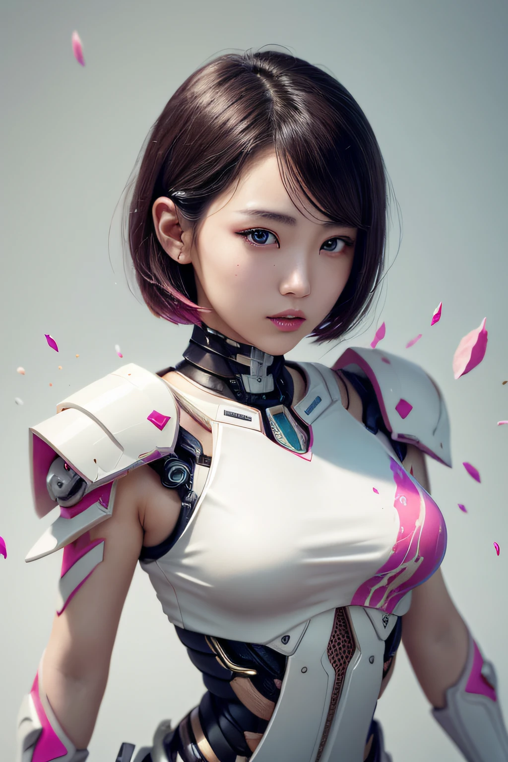 beautiful japanese young woman, wearing cyborg armor made of milk, thick symmetrical features, very short hair, background is cherry blossoms, pink aura, red lips, octane render,