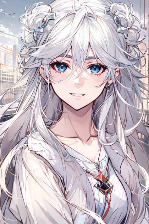 （（style of anime）），White Skin Skin，long whitr hair，White hair，ssmile，mesmerizing eyes，beauitful face，tmasterpiece，best qualtiy