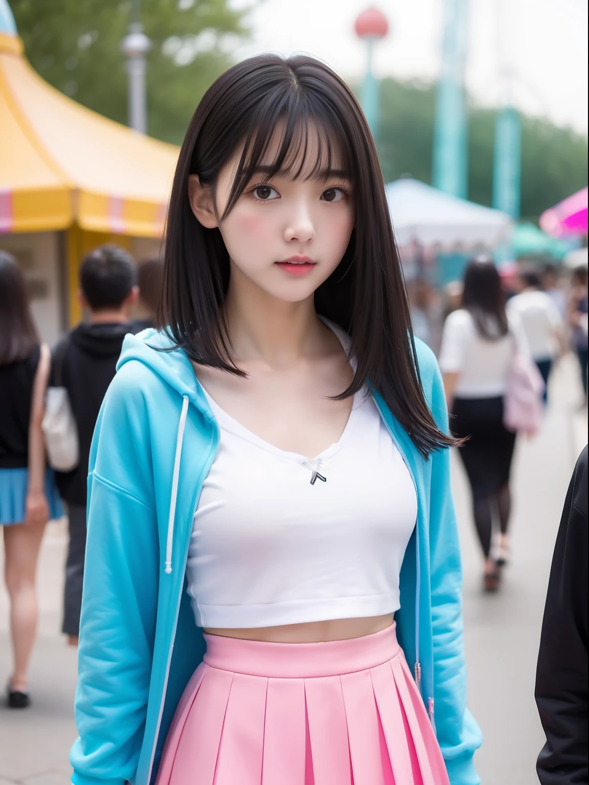 年轻，(Skirts in bright colors)，Mokomoko's hoodie，teens girl，Delicate body，petite body，Delicate body，small tits，tiny chest，Short，A dark-haired，Very Longhair，a shower，An amusement park