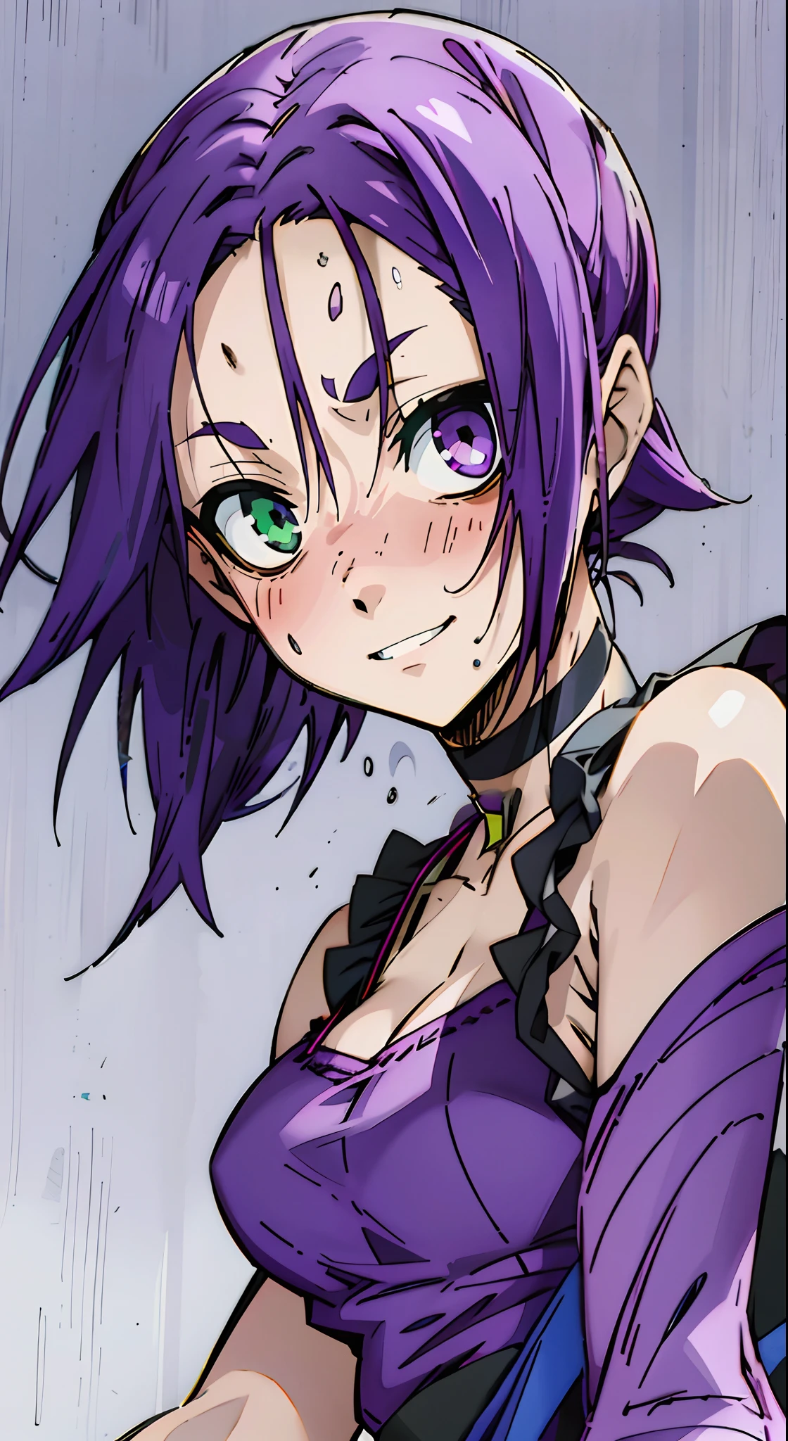 heterochromia, green eyes, purple eyes, angel face, happiness face, red blush