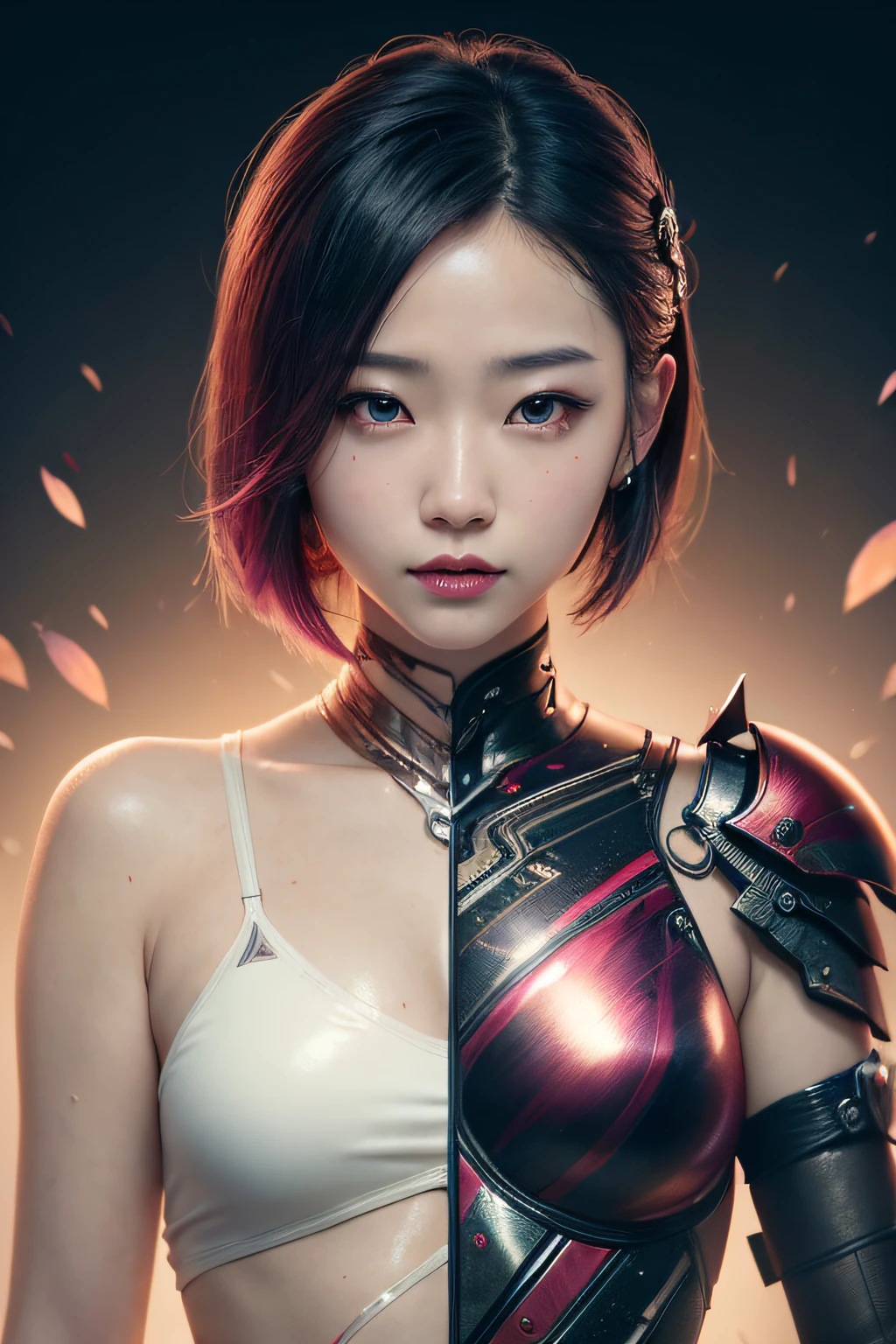 beautiful japanese young woman, wearing cyborg armor made of oil, thick symmetrical features, very short hair, background is cherry blossoms, pink aura, red lips, octane render,