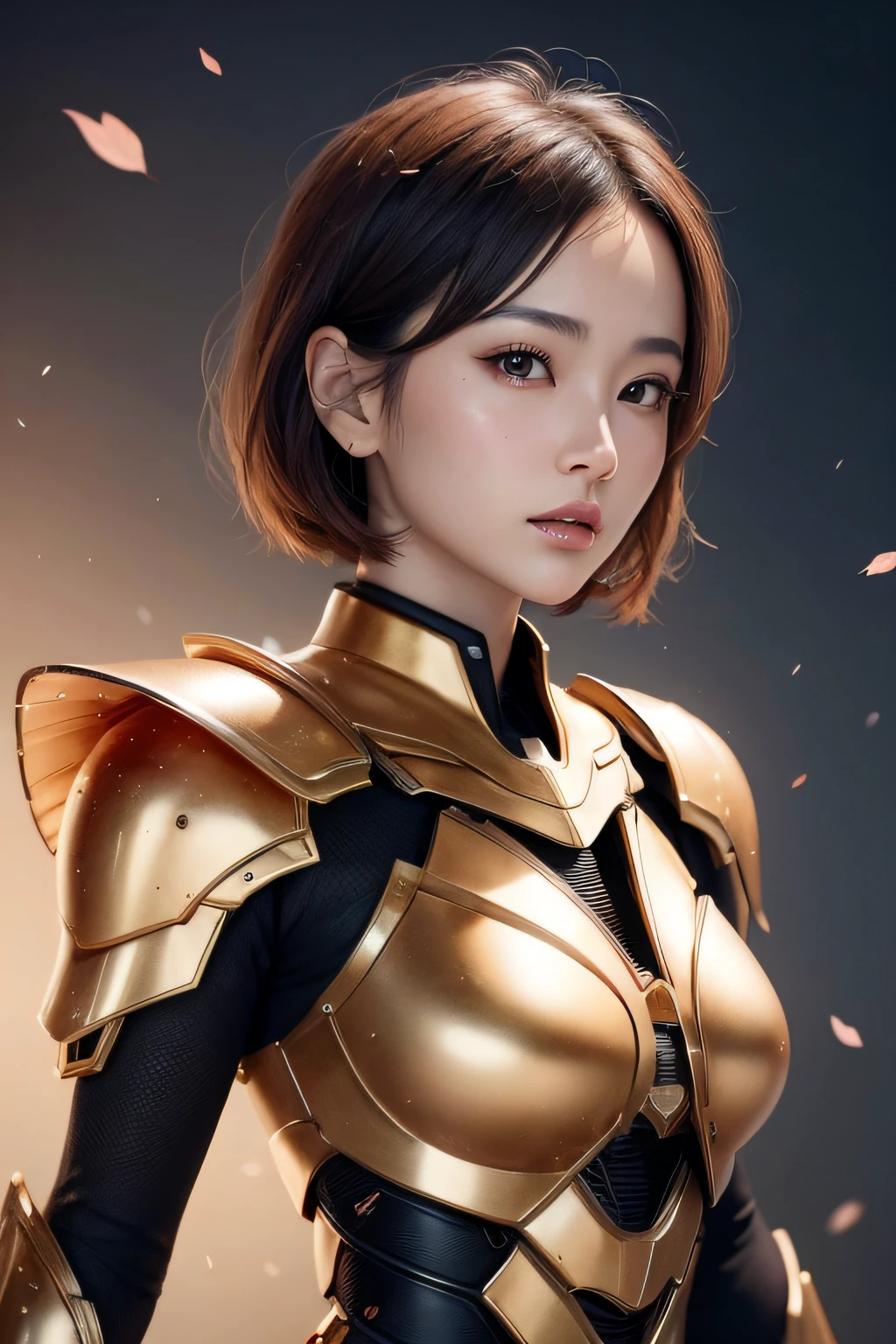 beautiful japanese young woman, wearing cyborg armor made of honey, thick symmetrical features, very short hair, background is cherry blossoms, pink aura, red lips, octane render,