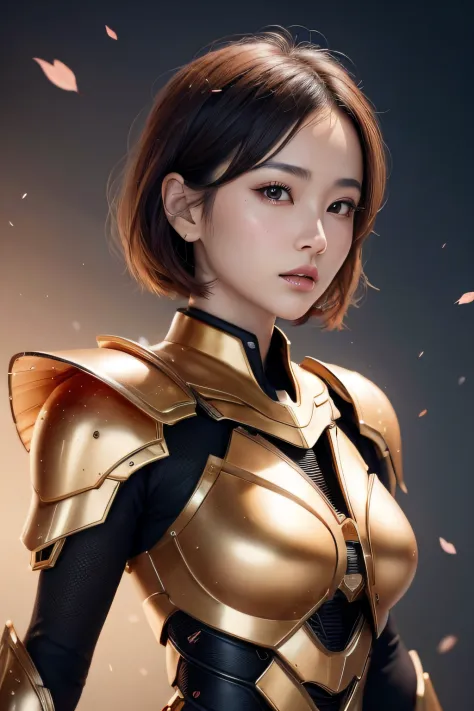 beautiful japanese young woman, wearing cyborg armor made of honey, thick symmetrical features, very short hair, background is c...