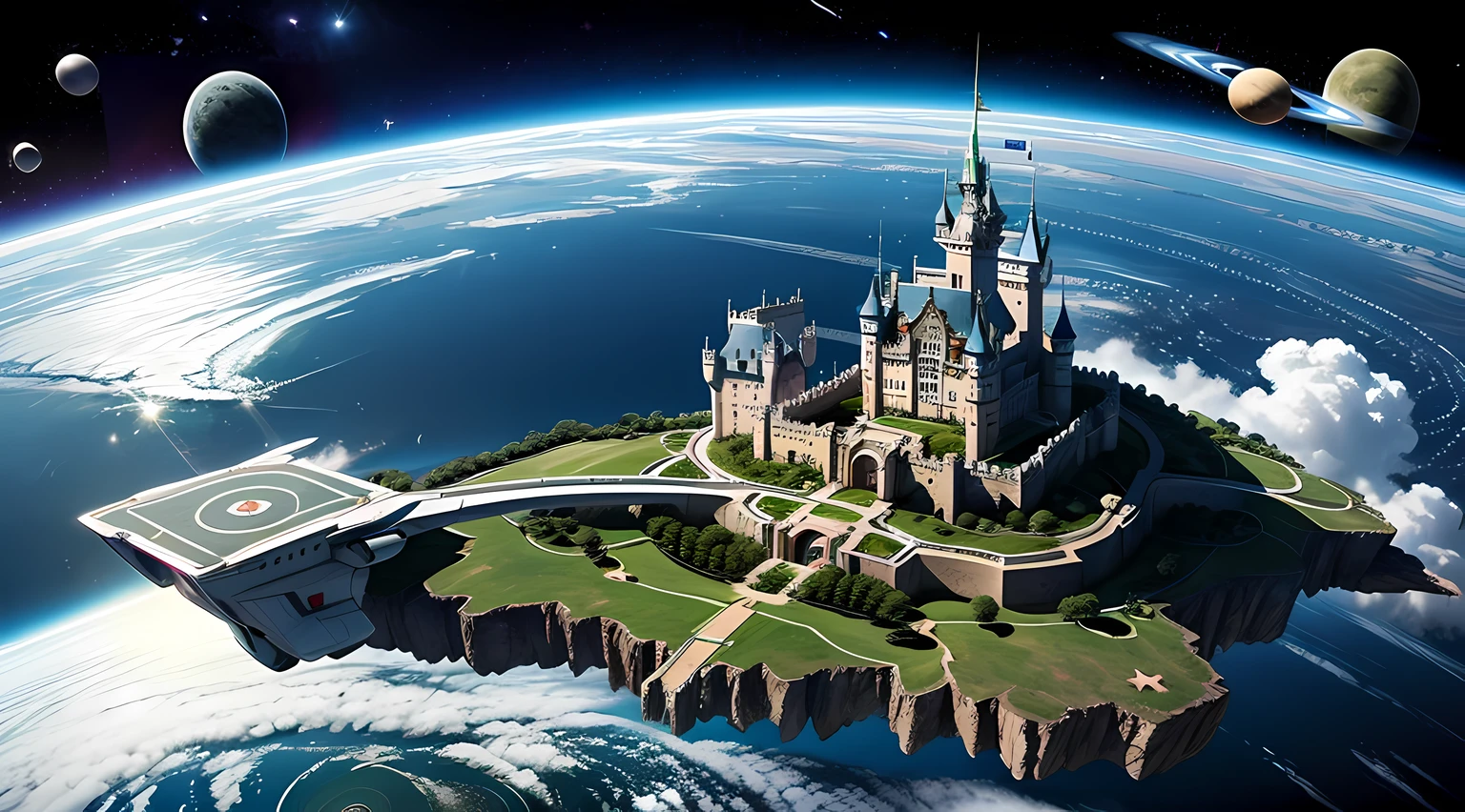 Castle on the Move、Castle moving in outer space、Space battleship in the shape of a castle、