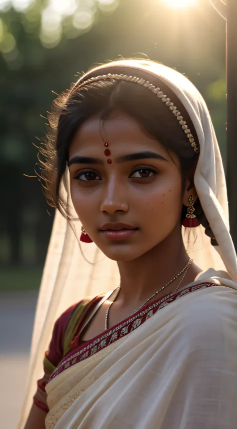 young Indian girl, 18-year-old,  gentle sun lighting on face , village mood , old cloths, silk cloth, cloth is transperent , vil...
