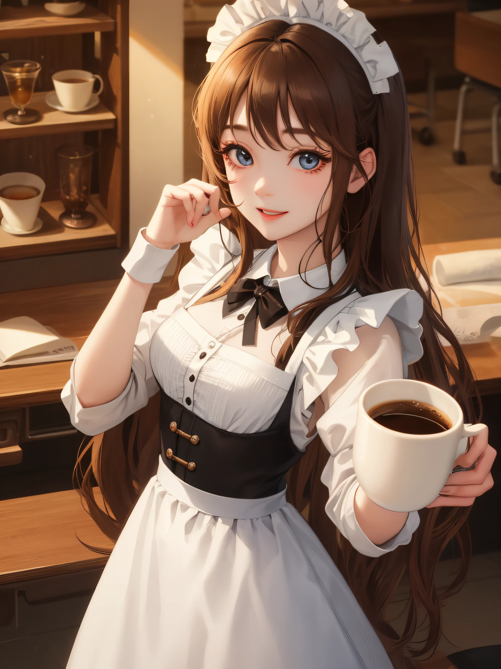 ​masterpiece、top-quality、ighly detailed、Three-dimensional feeling、女の子1人、 [3D images:1.15]、a room、a chair、desk、Coffee is brewed elegantly、cups、 super precision、[[In high-quality anime、Cute with light brown hair and brown eyes:1.15]]、maid clothes, 8ＫImagen、A cute smile no matter who looks at it、Attractive eyes、Dress correctly、best pictures, Detailed finger、masutepiece, Photorealistic, High resolution, Soft light, Attractive eyes that make you feel sucked in