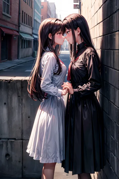 2 girls, facing each other, holding hands, yuri, deep kissing, near wall, hiding behind building, blushing,