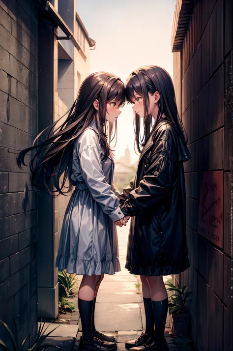 2 girls, facing each other, holding hands, yuri, deep kissing, near wall, hiding behind building, blushing,