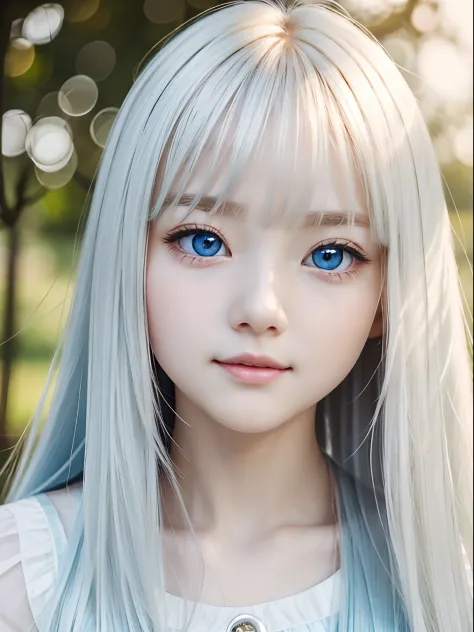 Extremely beautiful face、long bangs fluttering in front of the face、Beautiful pale light blue eyes hidden in the hair、Very cute beautiful face with very shiny skin、Pure white beautiful skin、very beautiful pale light blue eyes,,,,,,,,,、Beautiful very long s...