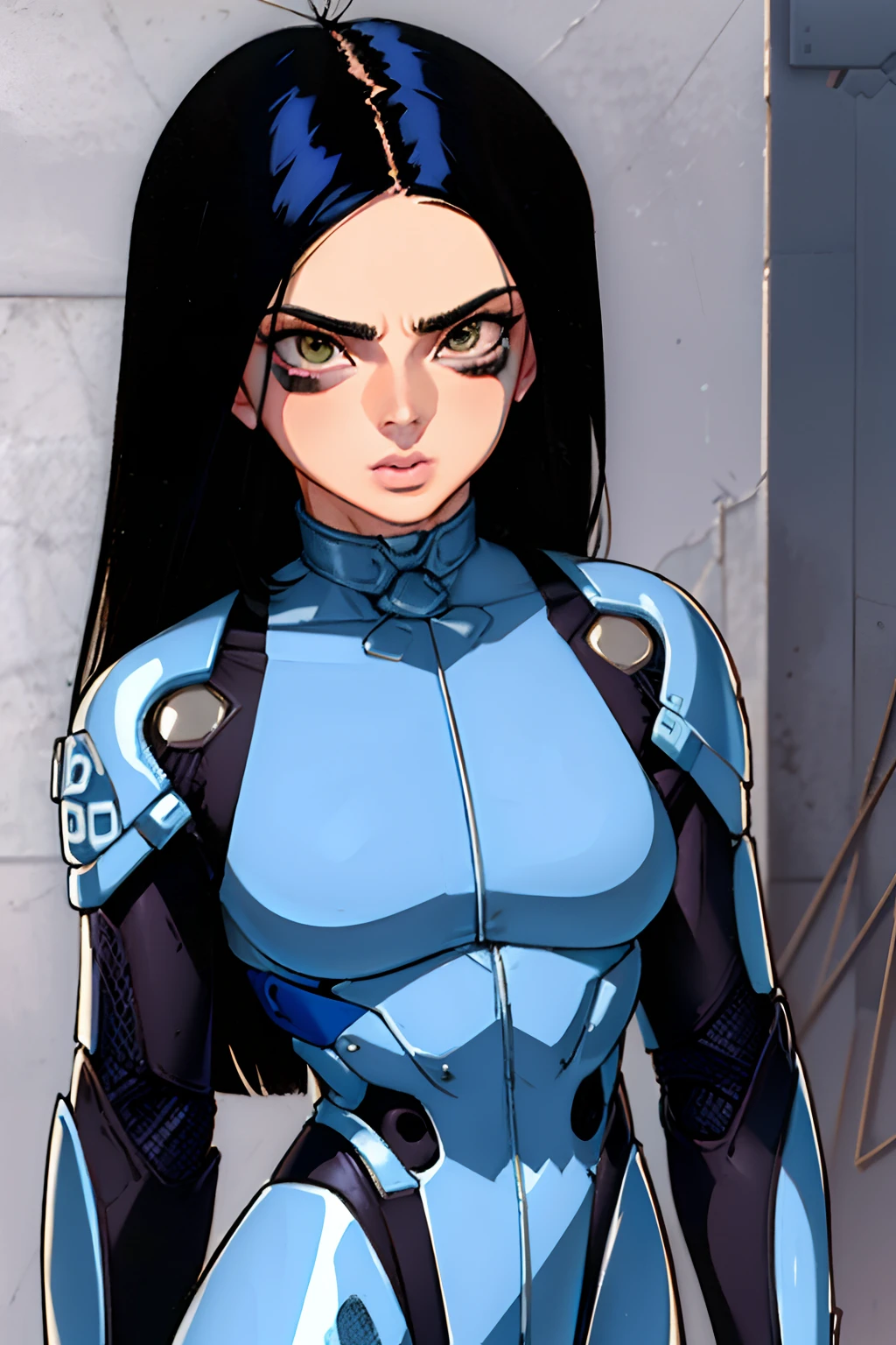 A close up of a woman in a blue suit with a gun - SeaArt AI